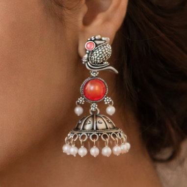 Oxidized Peacock Design Jhumkey with Pearl Drops