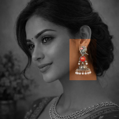 Oxidized Peacock Design Jhumkey with Pearl Drops