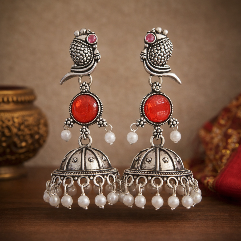 Oxidized Peacock Design Jhumkey with Pearl Drops