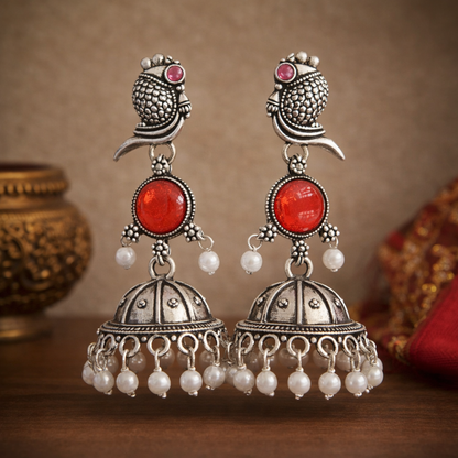 Oxidized Peacock Design Jhumkey with Pearl Drops