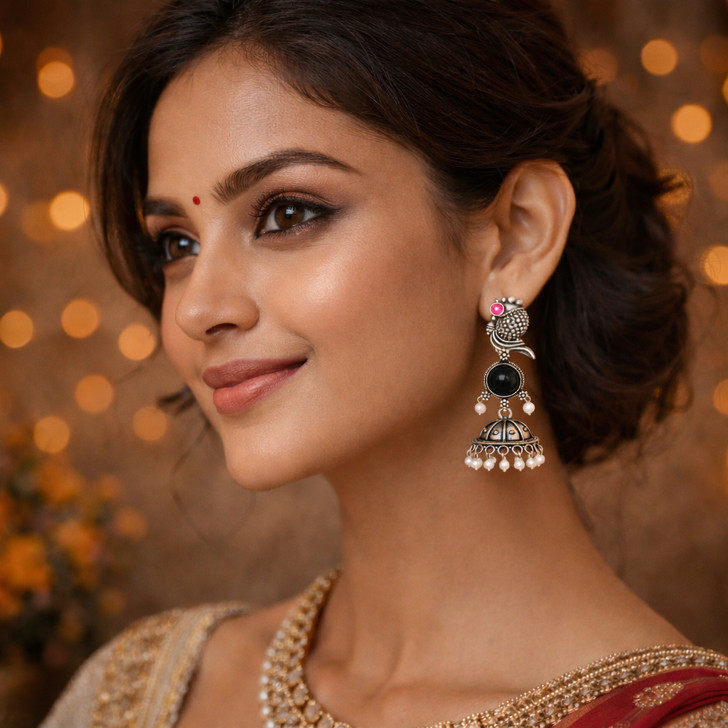 Oxidized Peacock Design Jhumkey with Pearl Drops