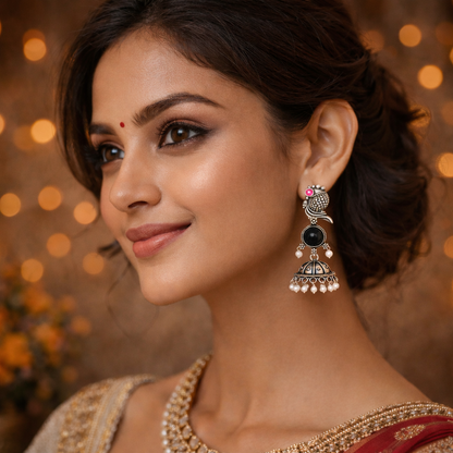 Oxidized Peacock Design Jhumkey with Pearl Drops