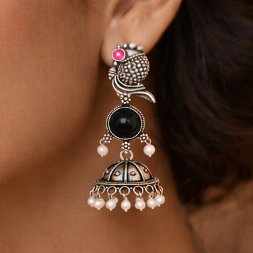 Oxidized Peacock Design Jhumkey with Pearl Drops