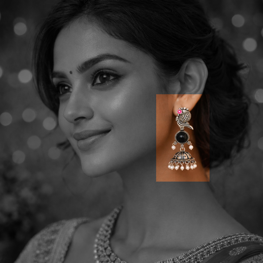 Oxidized Peacock Design Jhumkey with Pearl Drops