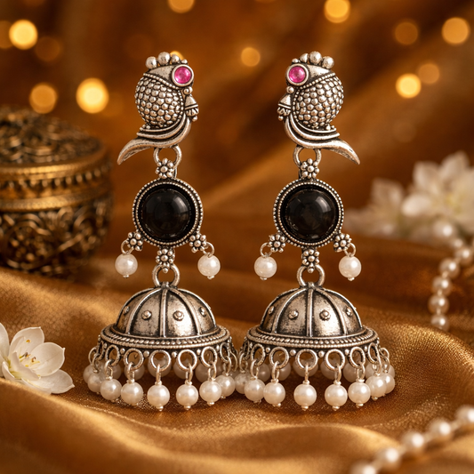 Oxidized Peacock Design Jhumkey with Pearl Drops