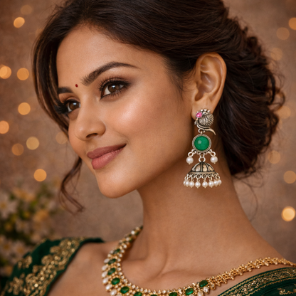 Oxidized Peacock Design Jhumkey with Pearl Drops