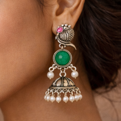 Oxidized Peacock Design Jhumkey with Pearl Drops