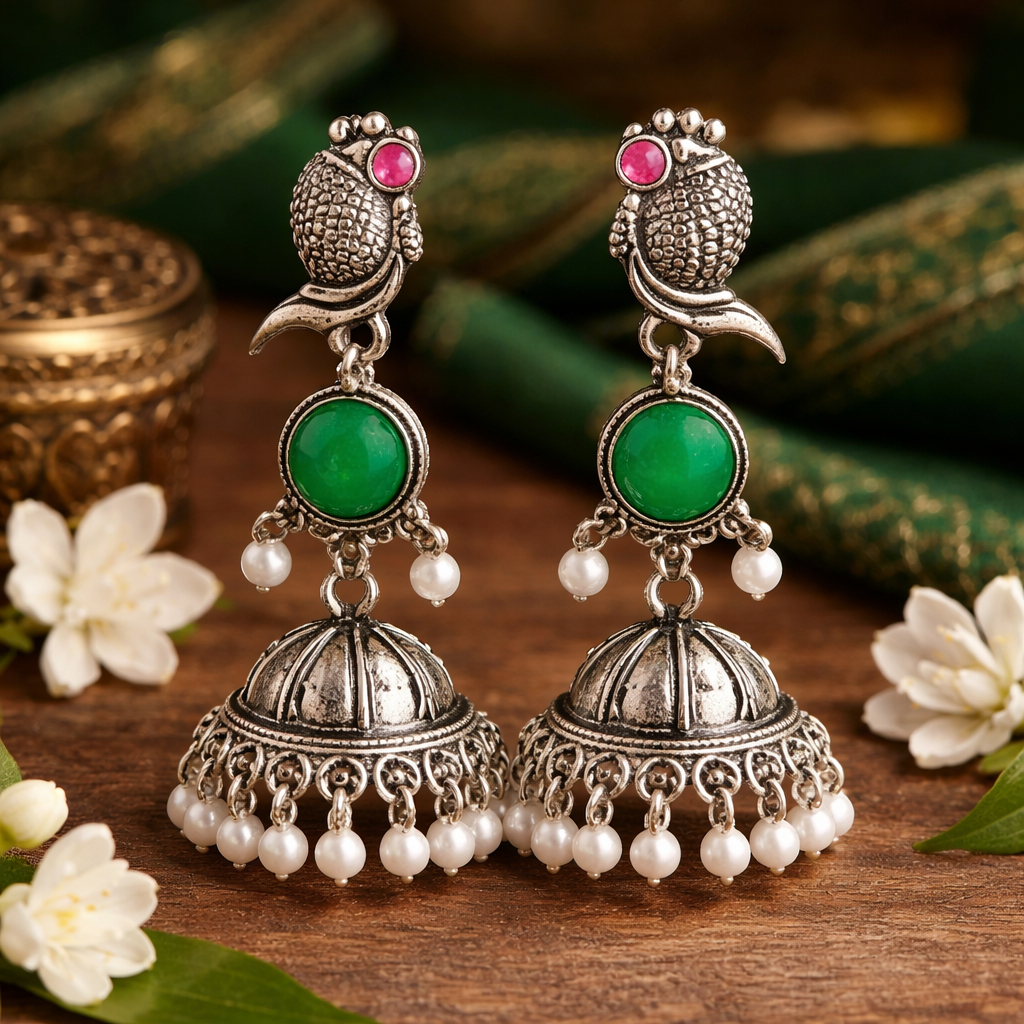 Oxidized Peacock Design Jhumkey with Pearl Drops