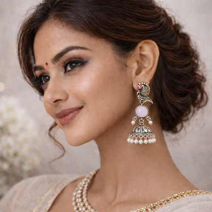 Oxidized Peacock Design Jhumkey with Pearl Drops