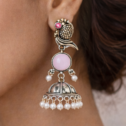 Oxidized Peacock Design Jhumkey with Pearl Drops