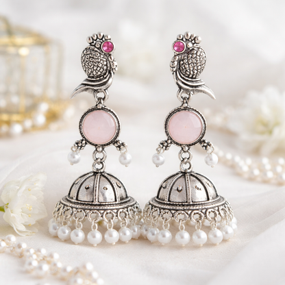 Oxidized Peacock Design Jhumkey with Pearl Drops