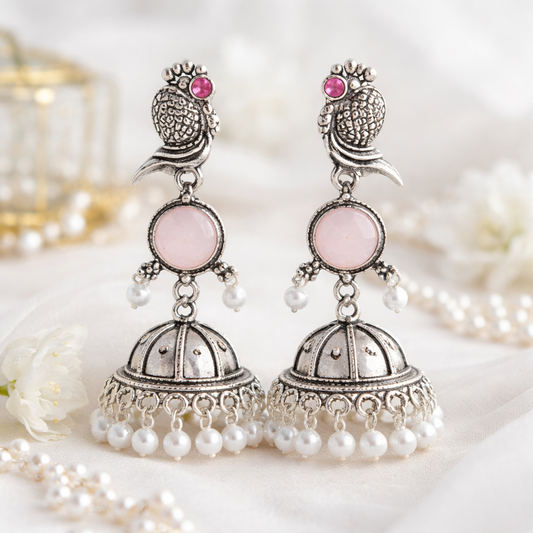 Oxidized Peacock Design Jhumkey with Pearl Drops