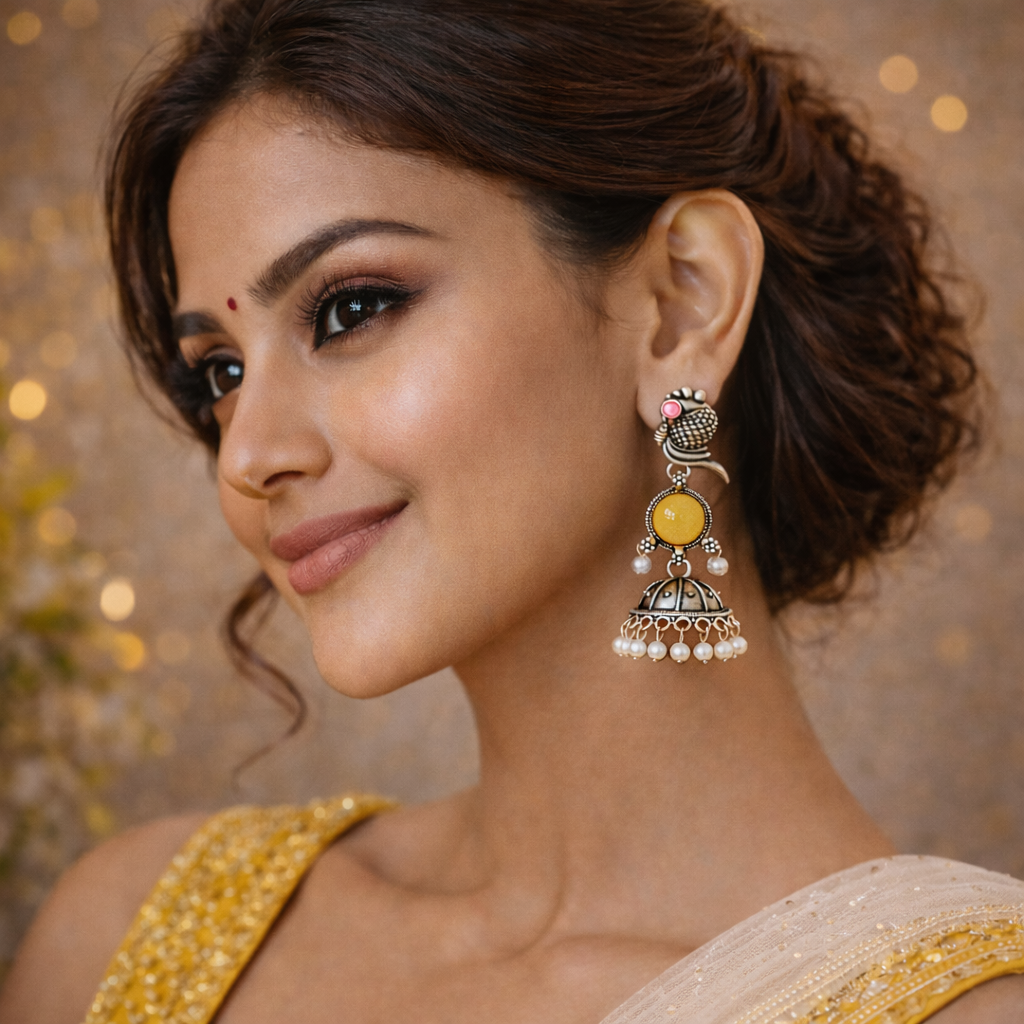 Oxidized Peacock Design Jhumkey with Pearl Drops