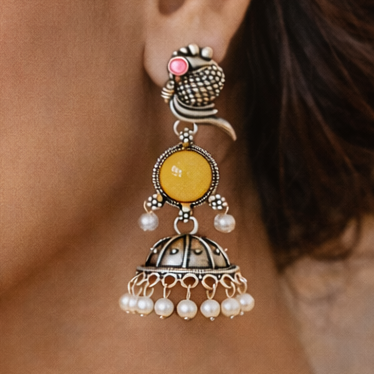 Oxidized Peacock Design Jhumkey with Pearl Drops