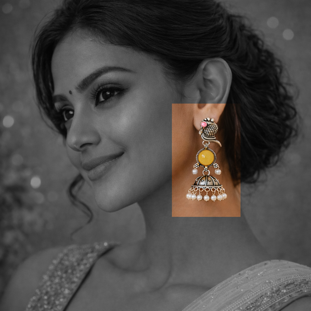 Oxidized Peacock Design Jhumkey with Pearl Drops