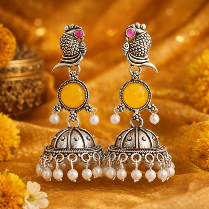 Oxidized Peacock Design Jhumkey with Pearl Drops
