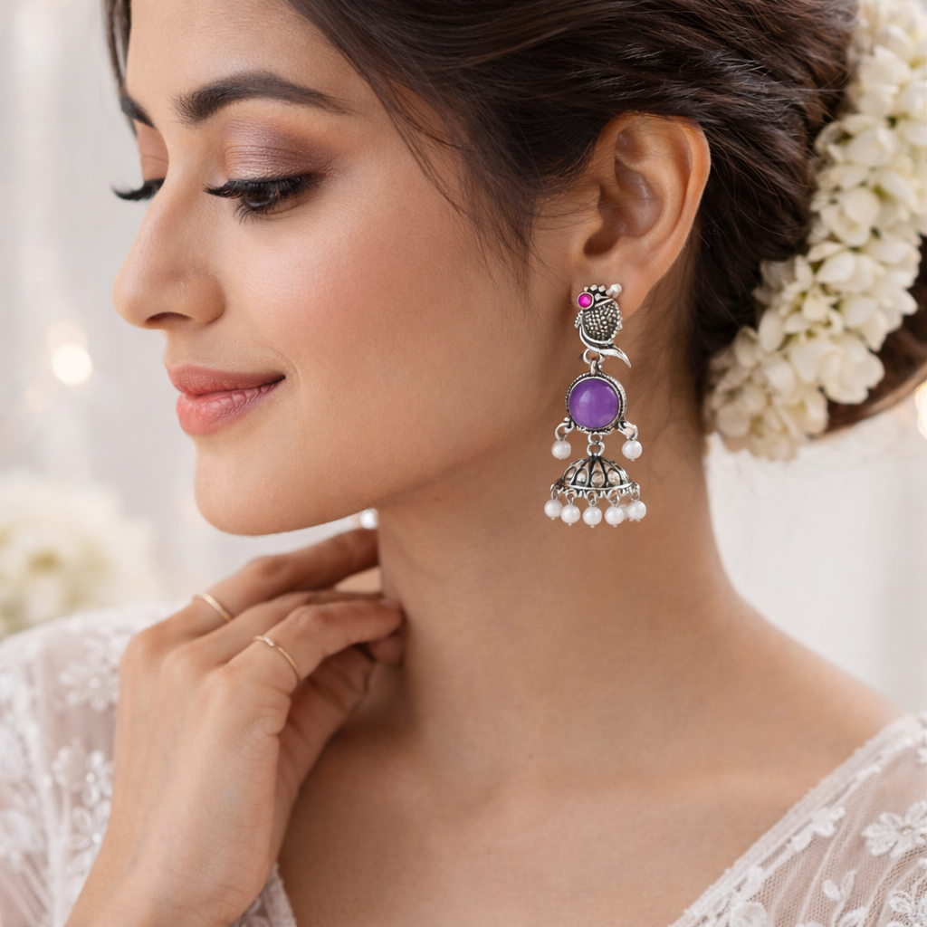 Oxidized Peacock Design Jhumkey with Pearl Drops