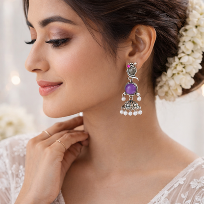 Oxidized Peacock Design Jhumkey with Pearl Drops