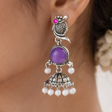 Oxidized Peacock Design Jhumkey with Pearl Drops
