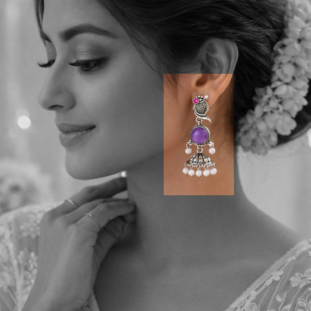 Oxidized Peacock Design Jhumkey with Pearl Drops