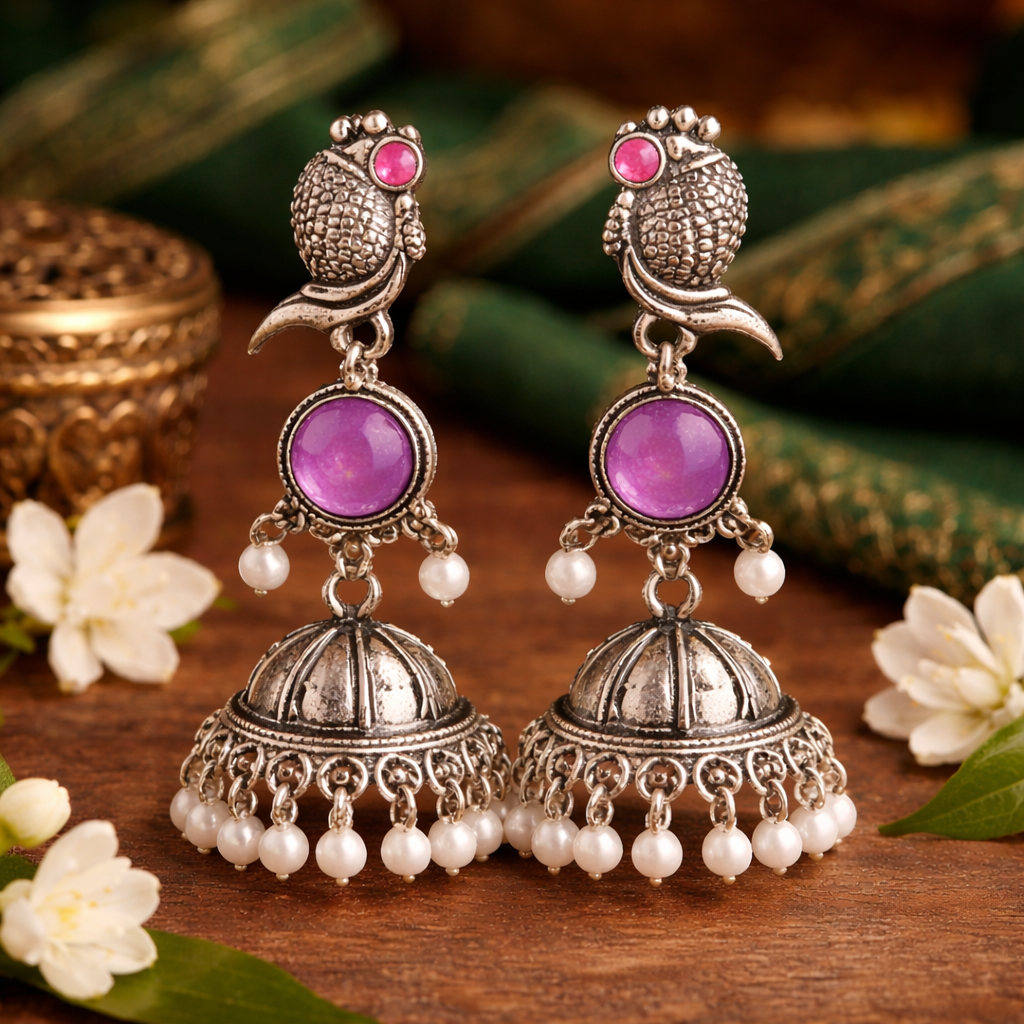 Oxidized Peacock Design Jhumkey with Pearl Drops