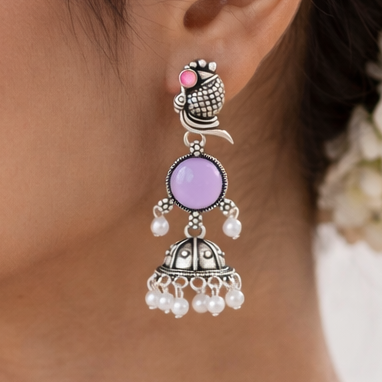 Oxidized Peacock Design Jhumkey with Pearl Drops