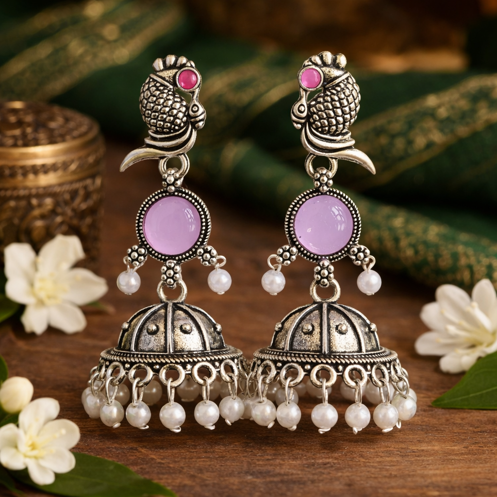 Oxidized Peacock Design Jhumkey with Pearl Drops