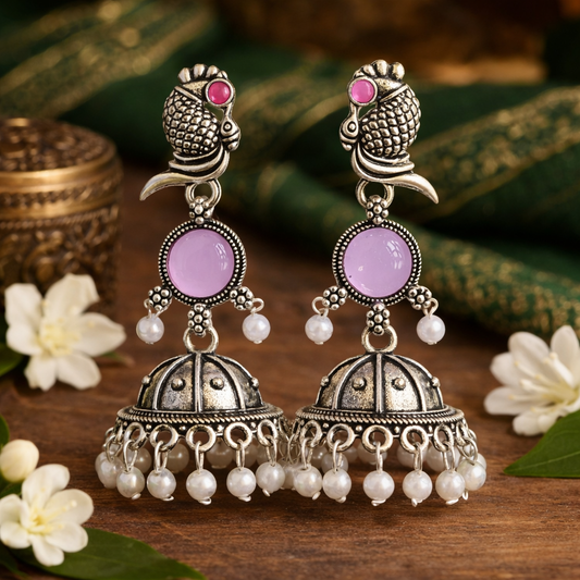 Oxidized Peacock Design Jhumkey with Pearl Drops