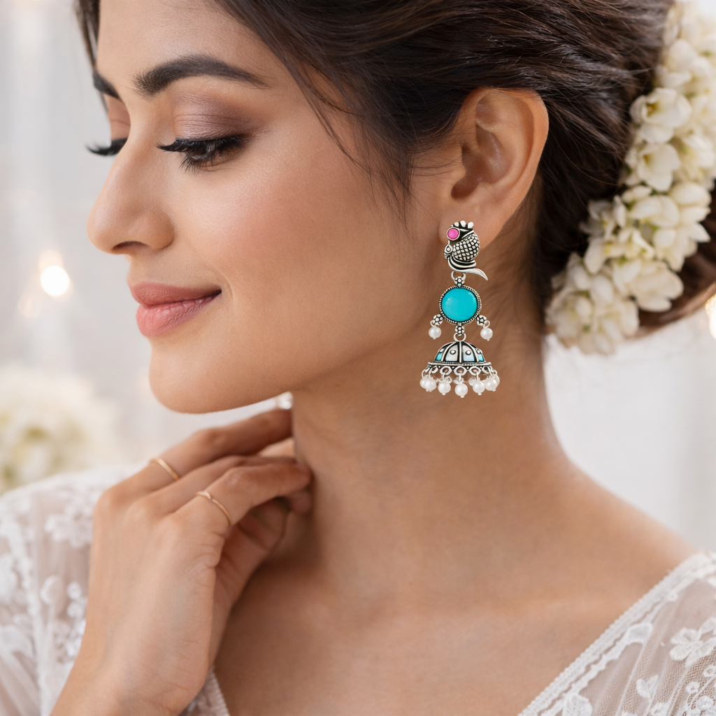 Oxidized Peacock Design Jhumkey with Pearl Drops