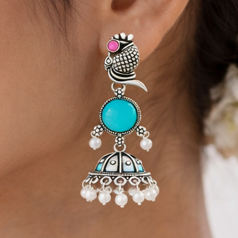 Oxidized Peacock Design Jhumkey with Pearl Drops