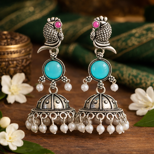 Oxidized Peacock Design Jhumkey with Pearl Drops