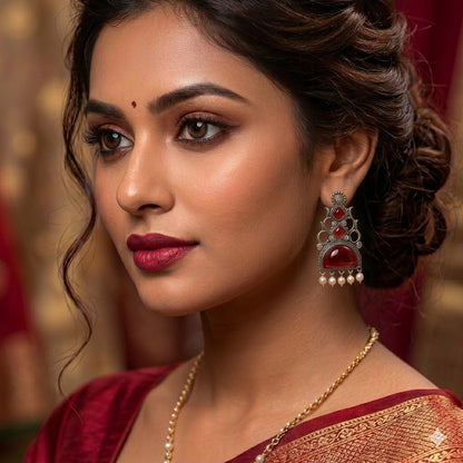 Oxidized Statement Jhumkey with Color Stone & Pearl Drops