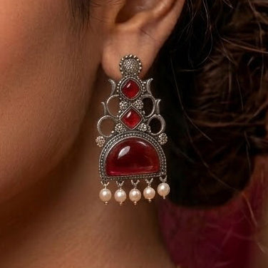 Oxidized Statement Jhumkey with Color Stone & Pearl Drops