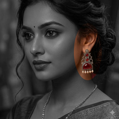 Oxidized Statement Jhumkey with Color Stone & Pearl Drops