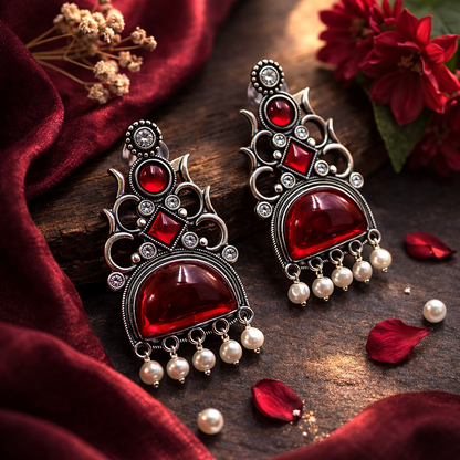 Oxidized Statement Jhumkey with Color Stone & Pearl Drops