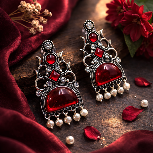 Oxidized Statement Jhumkey with Color Stone & Pearl Drops
