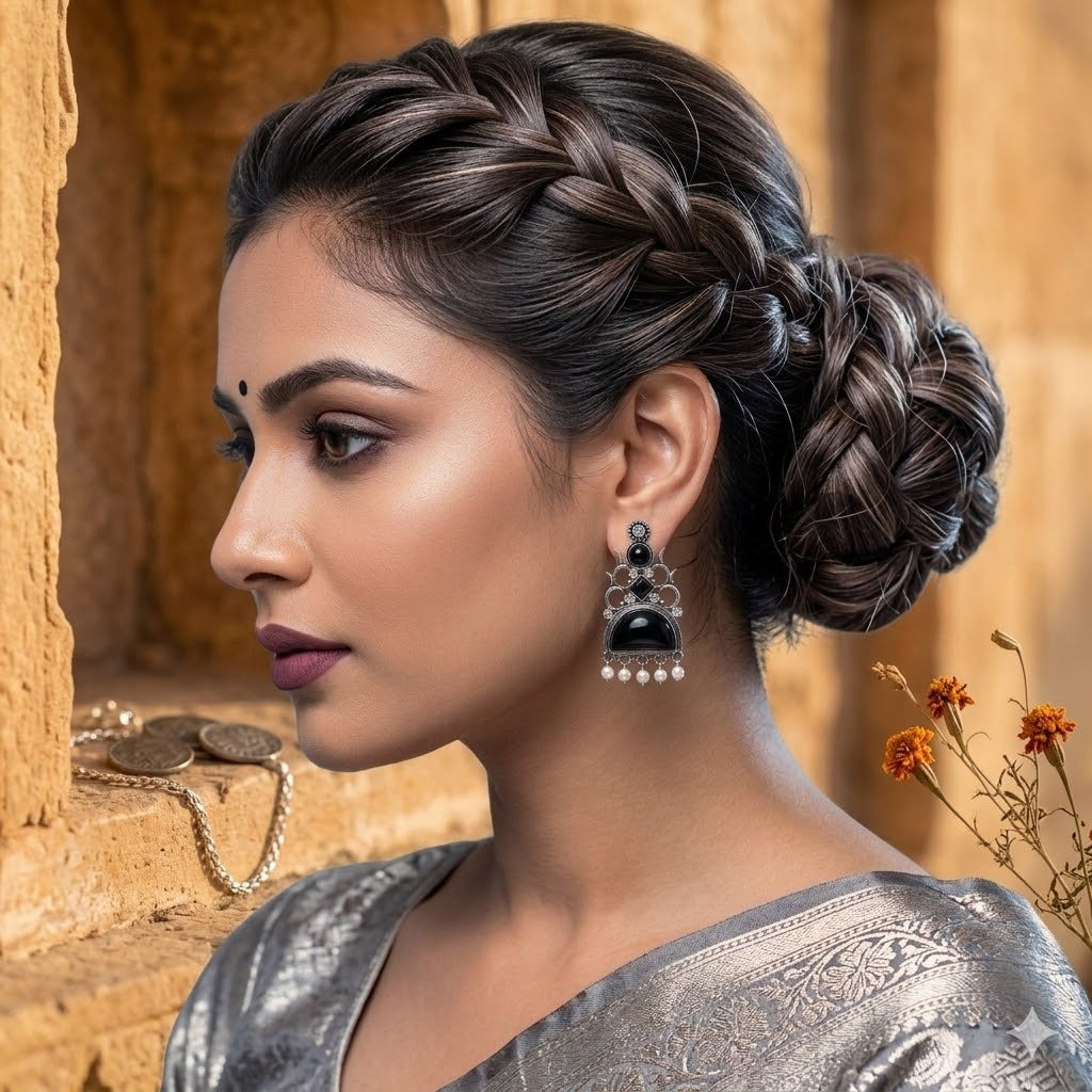 Oxidized Statement Jhumkey with Color Stone & Pearl Drops