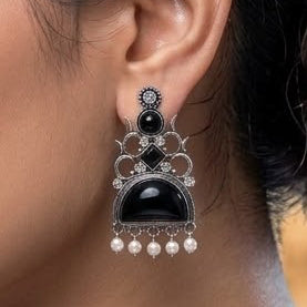 Oxidized Statement Jhumkey with Color Stone & Pearl Drops