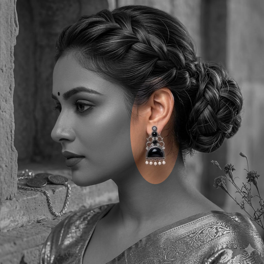 Oxidized Statement Jhumkey with Color Stone & Pearl Drops