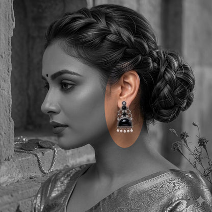 Oxidized Statement Jhumkey with Color Stone & Pearl Drops