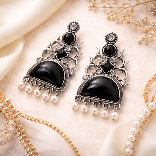 Oxidized Statement Jhumkey with Color Stone & Pearl Drops