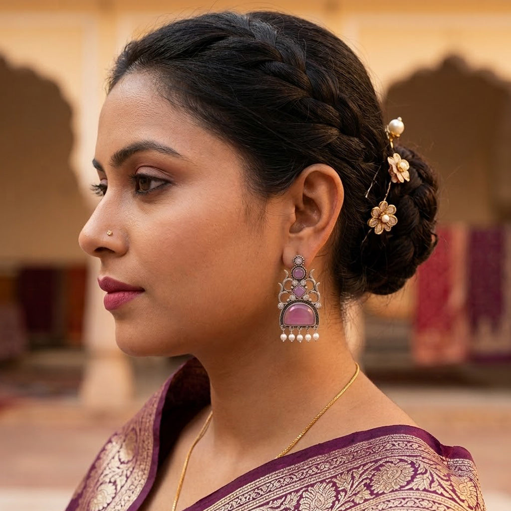 Oxidized Statement Jhumkey with Color Stone & Pearl Drops