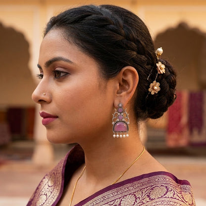 Oxidized Statement Jhumkey with Color Stone & Pearl Drops