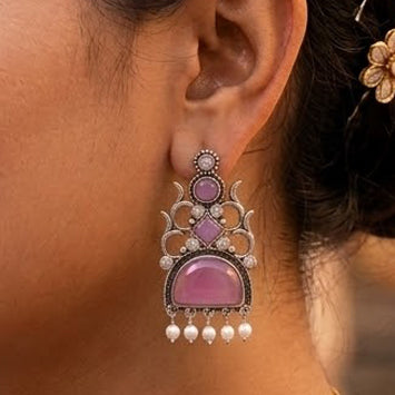 Oxidized Statement Jhumkey with Color Stone & Pearl Drops