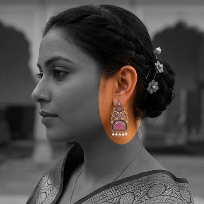 Oxidized Statement Jhumkey with Color Stone & Pearl Drops