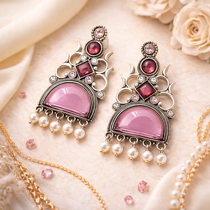 Oxidized Statement Jhumkey with Color Stone & Pearl Drops