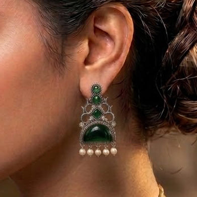 Oxidized Statement Jhumkey with Color Stone & Pearl Drops