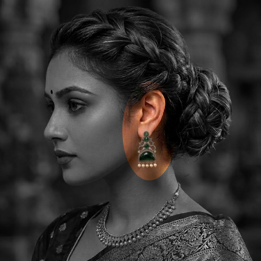 Oxidized Statement Jhumkey with Color Stone & Pearl Drops