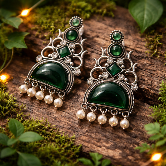 Oxidized Statement Jhumkey with Color Stone & Pearl Drops