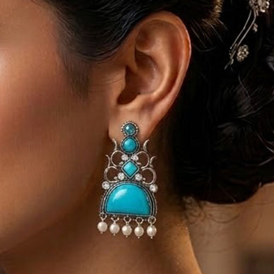 Oxidized Statement Jhumkey with Color Stone & Pearl Drops